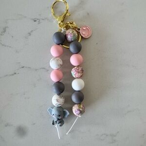 Elephant Beaded Keychain with Pink and Gray Beads
